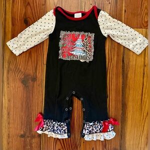 Just A Girl Who Loves Christmas Long Sleeve Black Leopard Ruffle
Romper 6-12 mos
